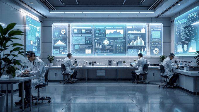 A futuristic research laboratory with scientists in white coats working at stations lined with equipment, surrounded by large digital displays showing charts, graphs, and data visualizations. The image reflects the post's focus on JASMY's Smart Guardian technology, which integrates hardware security modules into everyday devices like routers and connected appliances to protect against data and privacy risks.