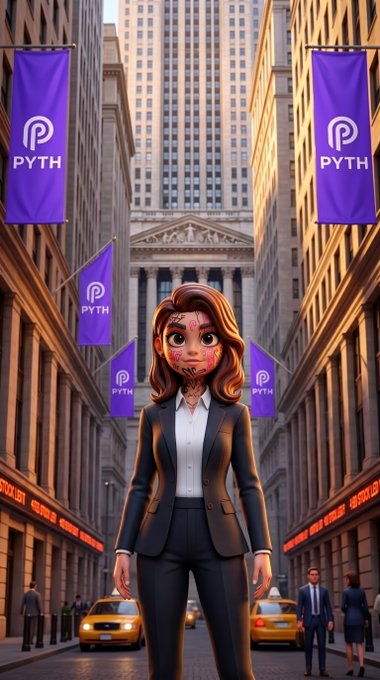 A stylized 3D-rendered cartoon woman in a business suit stands on a city street surrounded by purple 'PYTH' banners hanging from buildings.