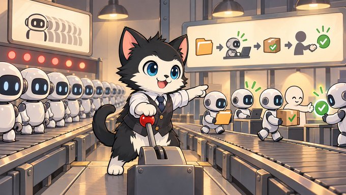 A digital illustration of a cute cat character in a vest pulling a lever in a factory setting with small white robots, accompanied by a workflow diagram on a screen.