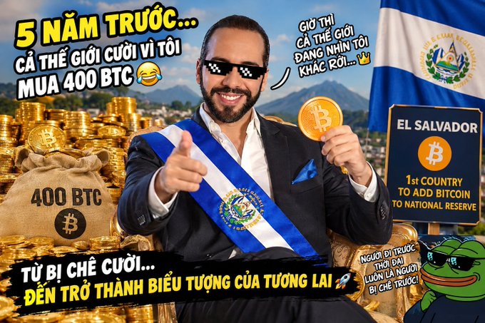 A satirical meme featuring Nayib Bukele, President of El Salvador, holding a Bitcoin, with Vietnamese text mocking him for buying 400 BTC five years ago and referencing El Salvador as the '1st COUNTRY TO ADD BITCOIN TO NATIONAL RESERVE.'