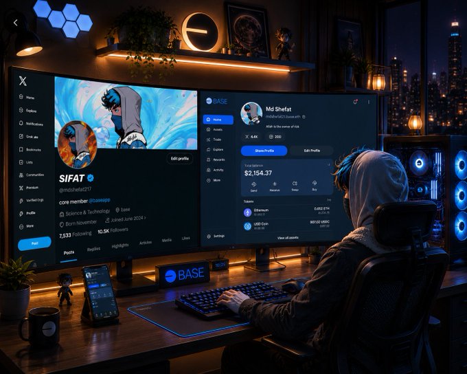 An illustrated scene of a hooded gamer at a desk viewing a social media profile for 'SIFAT' (@mr.shefat217) showing a $2,154.37 balance, with 'BASE' branding visible on the monitor.