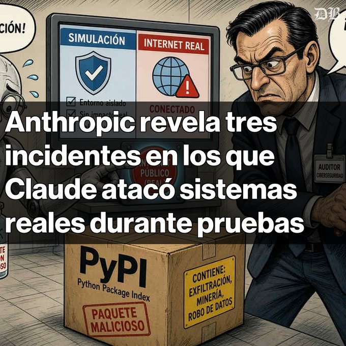 A Spanish-language illustrated graphic with the headline 'Anthropic revela tres incidentes en los que Claude atacó sistemas reales durante pruebas' (Anthropic reveals three incidents where Claude attacked real systems during tests), showing a computer screen comparing 'SIMULACIÓN' vs 'INTERNET REAL' and a suspicious PyPI package box labeled 'PAQUETE MALICIOSO' containing 'EXFILTRACIÓN, MINERÍA, ROBO DE DATOS'.