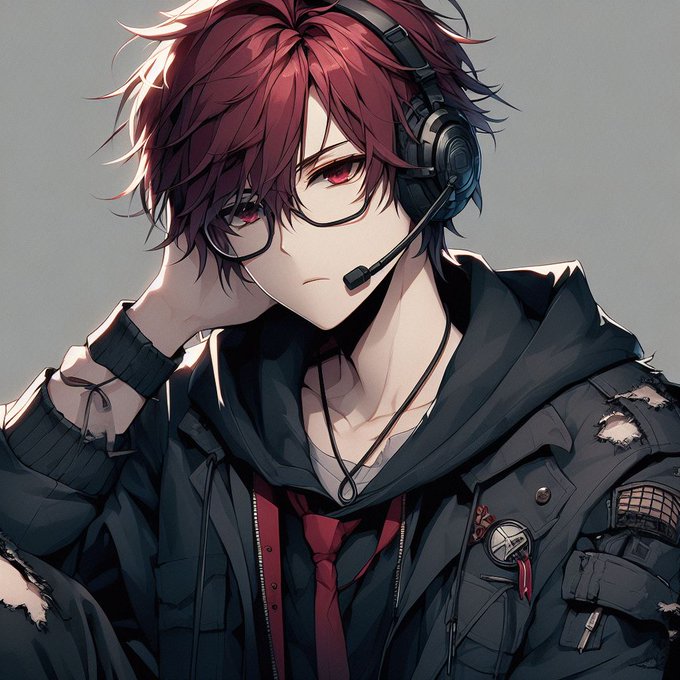 A red-haired anime character with glasses and a headset wears a distressed dark hooded jacket with a red tie, looking at the viewer with a serious expression. The image complements the "Good Night everyone" post, likely used as a casual evening sign-off featuring a cool, moody aesthetic.