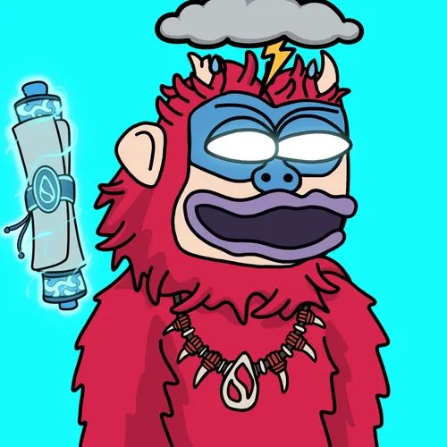 A cartoon illustration of a red gorilla-like character with glowing white eyes, wearing a blue mask and bone necklace, holding a glowing water bottle against a teal background.