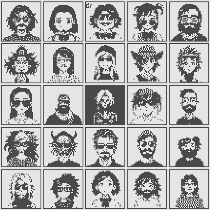 A 5x5 grid of pixel art character portraits, each depicting a different stylized person with various hairstyles, facial features, and clothing patterns in a monochromatic blue and white color scheme.