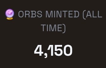 Dark graphic displaying the text 'ORBS MINTED (ALL TIME)' next to a purple/pink icon, with the number '4,150' below.