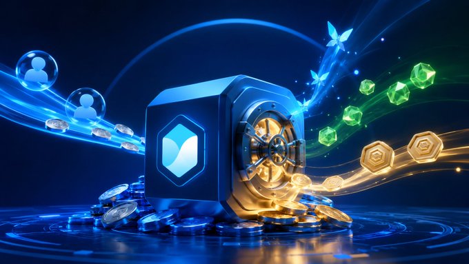 A digital 3D illustration of a glowing blue safe surrounded by floating gold coins, green gemstones, user icons, and butterflies, suggesting wealth and cryptocurrency themes.