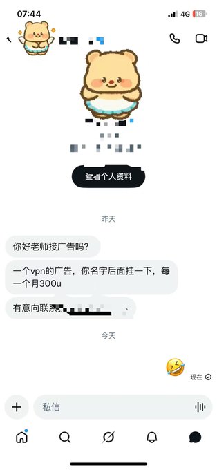 A Douyin (TikTok China) DM screenshot showing an unsolicited advertisement offer to promote a VPN for 300u per month, sent to the user who is reacting with shock at receiving such a risky promotional request.