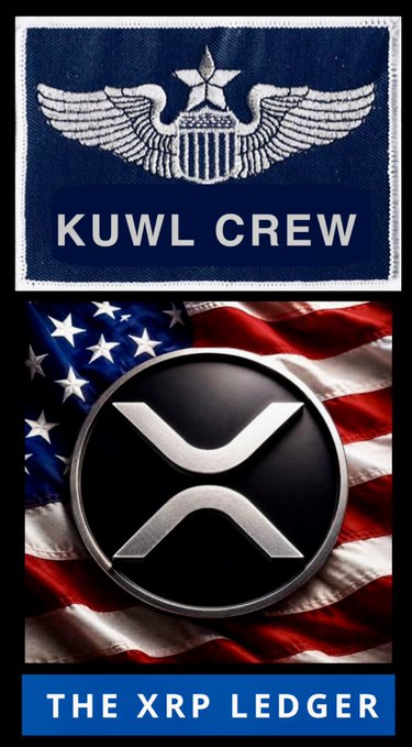 The image features a poster with an American flag, a silver coin, and a logo for the cryptocurrency Ripple. The text on the poster reads "Kull Crew" and "XRP Ledger", which are related to Ripple's purpose of creating a new form of currency that can be used as a medium of exchange without the need for banks or governments. The XRP Ledger is a system designed to facilitate the creation, management, and settlement of cryptocurrency transactions in a transparent and secure manner.
