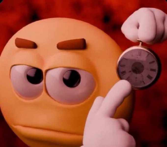 An animated emoji character with a skeptical expression holding and pointing to a pocket watch.