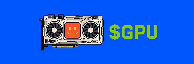 A pixel art graphic on a blue background showing a graphics card with a smiley face alongside the text '$GPU' in green.