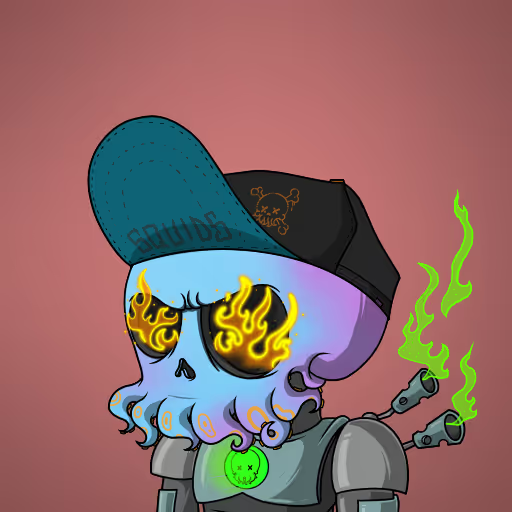 A cartoonish character with a purple octopus-like head featuring fiery eyes, wearing a blue cap and black hat with flame patterns, accompanied by green smoke emanating from a mechanical arm.