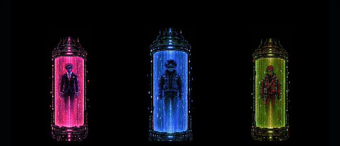 A stylized digital illustration features three figures floating inside illuminated cylindrical pods or capsules, glowing in pink, blue, and yellow against a black background.
