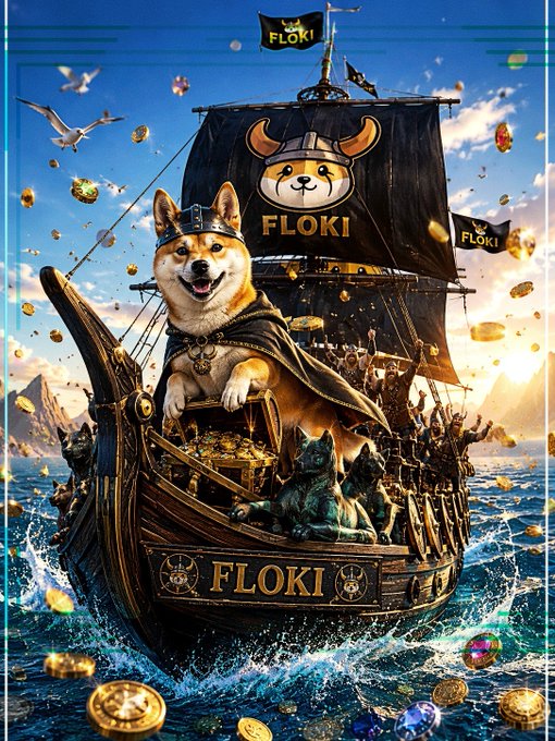 A Shiba Inu dressed as a Viking captain steers a treasure-laden longship emblazoned with the "FLOKI" name across the sails and hull, sailing toward a hopeful horizon. The triumphant imagery of Vikings rising toward glory visually echoes the post's message that FLOKI has hit rock bottom and will only rise from here.