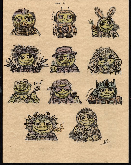 A hand-drawn sketch sheet on aged paper showing ten small character doodles with various traits and labels, titled 'SERE. 6'.