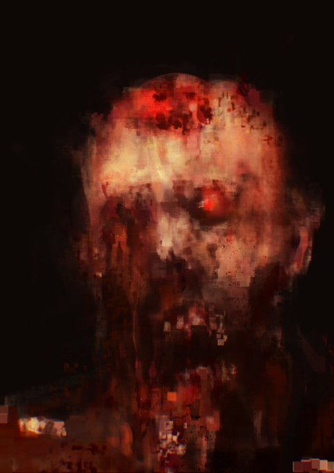 A dark, abstract, pixelated portrait of a face rendered in glowing red and orange tones against a black background.