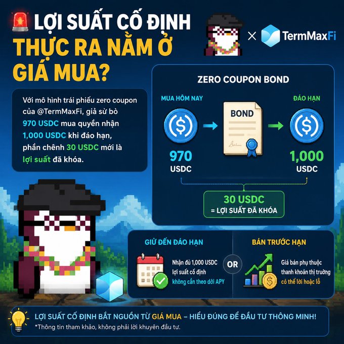 A Vietnamese infographic titled "LỢI SUẤT CỐ ĐỊNH THỰC RA NẰM Ở GIÁ MUA?" (Is the real fixed rate in the purchase price?) explaining TermMaxFi's zero-coupon bond model, where buying a bond for 970 USDC to receive 1,000 USDC at maturity locks in a 30 USDC profit. The graphic shows a pixel penguin mascot and diagrams illustrating the bond purchase and two exit options: holding until maturity for guaranteed APY or selling early at market-driven prices.