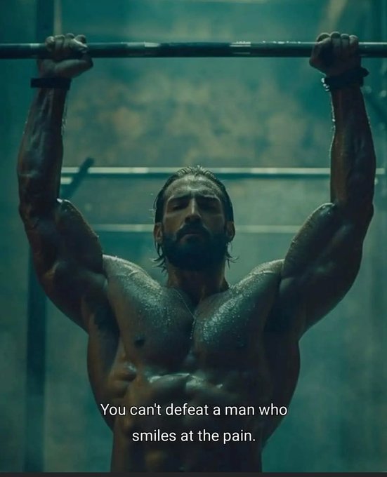 A cinematic image shows a muscular, bearded man gripping a pull-up bar in a gritty, dimly lit setting, with the caption 'You can't defeat a man who smiles at the pain.'
