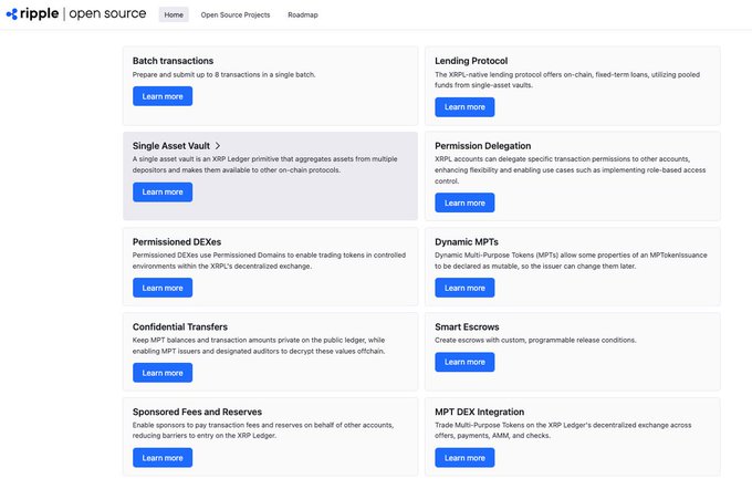 The image shows a grid of ten XRPL (XRP Ledger) open source projects on Ripple's website, including Batch transactions, Lending Protocol, Single Asset Vault, Permission Delegation, Permissioned DEXs, Dynamic MPTs, Confidential Transfers, Smart Escrows, Sponsored Fees and Reserves, and MPT DEX Integration. This relates to the post by highlighting the upcoming xrpld 3.3.0 release and its focus on financial compliance features, with the image showcasing related XRPL innovations like Confidential Transfers and Dynamic MPTs designed for regulated finance.