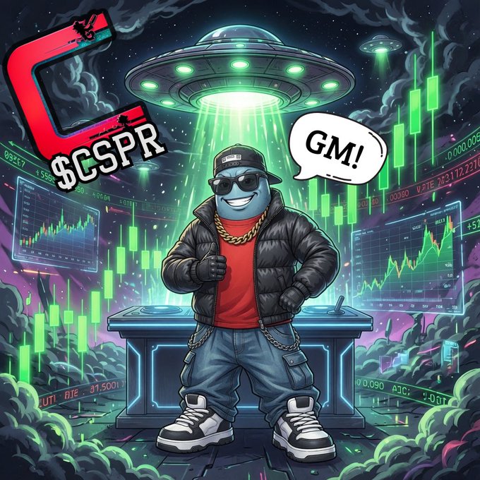 A cartoon whale character in sunglasses and a puffer jacket giving a thumbs up in front of a UFO and crypto charts, with text 'CSPR' and 'GM!'.