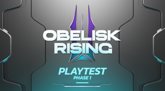 Title screen for a game called 'OBELISK RISING' displaying 'PLAYTEST PHASE 1' against a metallic, futuristic background.