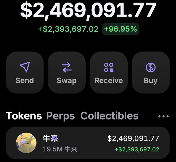 A cryptocurrency portfolio screenshot displays a balance of $2,469,091.77 with a +96.95% gain, holding 19.5M of the token "牛来" (Niu Lai). The giveaway post promotes a $1000 prize of this same "牛来" token, with the impressive portfolio shown likely serving as proof of the poster's successful holdings or returns.