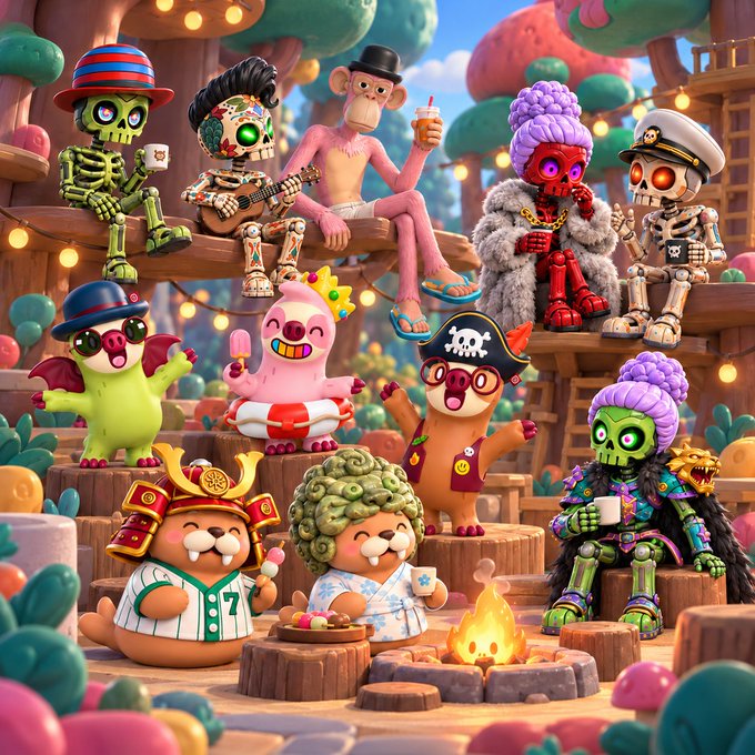 A vibrant 3D illustration of a diverse group of quirky NFT-style characters, including skeletons, a monkey with a drink, and beavers in samurai armor, gathered around a campfire in a whimsical forest.