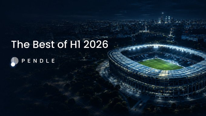 A nighttime aerial view of a large illuminated soccer stadium with the text 'The Best of H1 2026' and the 'PENDLE' logo.