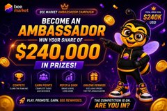 A promotional banner featuring a cartoon bee mascot for 'bee network' advertising 'BECOME AN AMBASSADOR' to win a share of $240,000 in prizes, listing perks like competitions, giveaways, and a market gym.