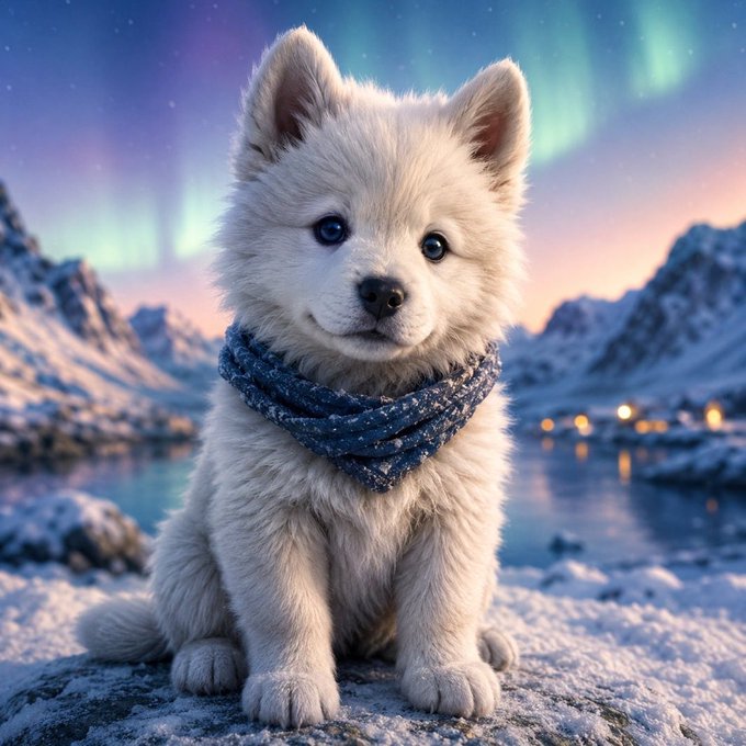 A fluffy white Arctic fox puppy wearing a blue knit scarf sits on snow with the aurora borealis and snow-capped mountains in the background. The image ties into the memecoin launch $NORD, with the "NORD" name visually reinforced by the northern lights and arctic setting, suggesting a frosty, northern theme.