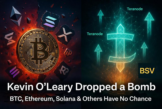 The image features a poster with two different logos related to Bitcoin and Etherum, along with some text that reads "Kevin O'Leary Just Dropped a Bomb" and "The biggest institutional capital is still waiting for real regulatory clarity". The poster also includes a list of cryptocurrency names such as Bitcoin, Ethereum, Solana, XRP, XLM, ADA, ALGO, HBAR, LINK, AVAX.