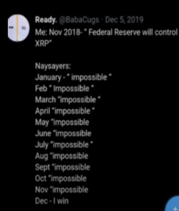 A tweet from user @BabaCugs dated December 5, 2019, humorously shows a person predicting in November 2018 that the "Federal Reserve will control XRP," while "Naysayers" repeated "impossible" every month from January through November 2019, ending with "Dec - I win." The image relates to the post's theory that the Federal Reserve would take control of XRP, mocking skeptics who dismissed the prediction month after month before it allegedly came true.