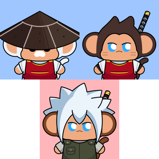 Three cartoon monkey characters dressed in ninja/samurai attire, with the top two resembling Master Splinter and the bottom one resembling a young white-haired warrior.
