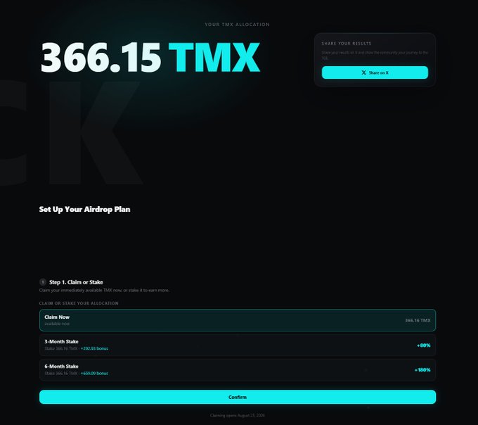 Token Metrics airdrop interface displaying a TMX allocation of 366.15, with options to claim now, stake for 3 months (+50% bonus), or stake for 6 months (+150% bonus).