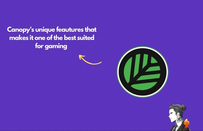 A purple promotional graphic stating 'Canopy's unique features that makes it one of the best suited for gaming' with a green leaf logo and a character illustration in the corner.