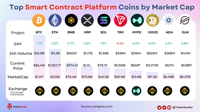An infographic titled 'Top Smart Contract Platform Coins by Market Cap' showing price data for BTC, ETH, BNB, XRP, SOL, TRX, HYPE, DOGE, ADA, and XLM, sourced from coingecko.com by TokenHunter.
