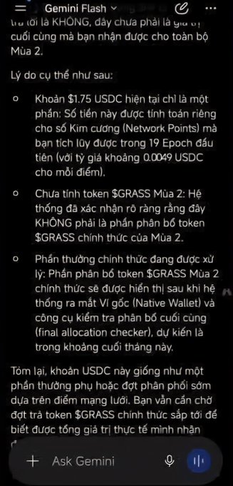 A Gemini Flash AI chat response in Vietnamese explaining that a $1.75 USDC received is not a Season 2 $GRASS token distribution but rather Network Points based on staking, advising the user to wait for official Season 2 token rewards and the Native Wallet release.