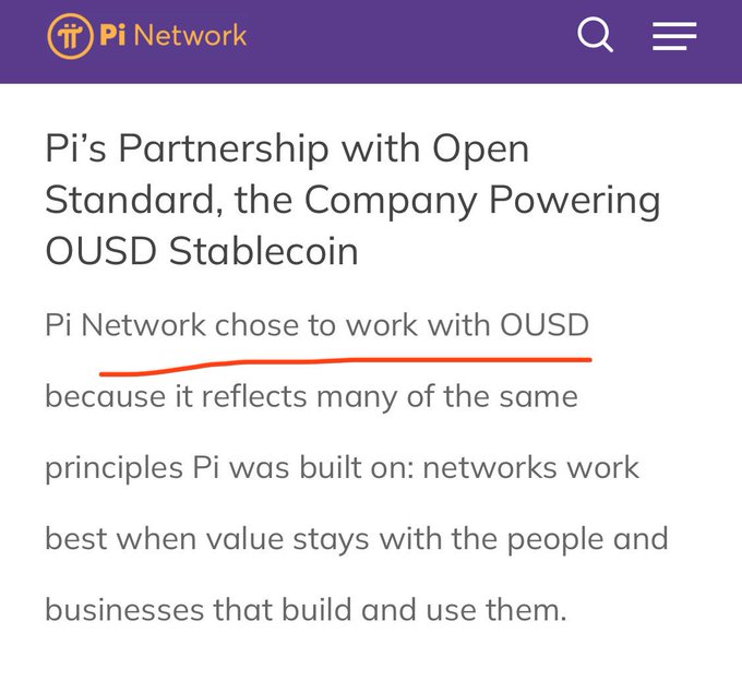 A screenshot from Pi Network's website discussing their partnership with Open Standard, highlighting that Pi chose to work with OUSD because it aligns with Pi's founding principles of keeping networks valuable for the people and businesses that use them.