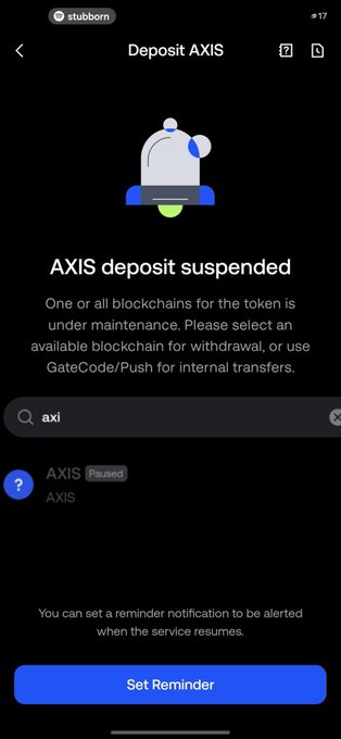 A mobile app interface for Stubborn Wallet shows an "AXIS deposit suspended" notification with an illustration of a service bell, explaining that the token is under maintenance and offering a "Set Reminder" button.