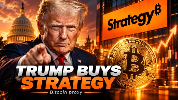 A thumbnail-style image featuring Donald Trump pointing forward with text 'TRUMP BUYS STRATEGY - Bitcoin proxy' alongside the Strategy Bitcoin logo and gold Bitcoin coins.