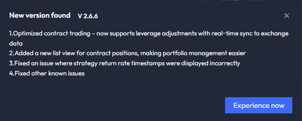 A software update notification popup titled 'New version found V 2.6.6' listing improvements like optimized contract trading and bug fixes, with an 'Experience now' button.