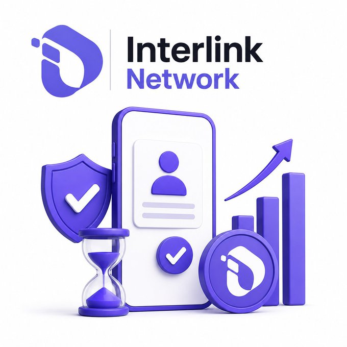 A 3D-rendered promotional graphic for 'Interlink Network' featuring a purple-themed design with a smartphone displaying a user profile, a shield with a checkmark, an hourglass, and ascending bar chart icons.