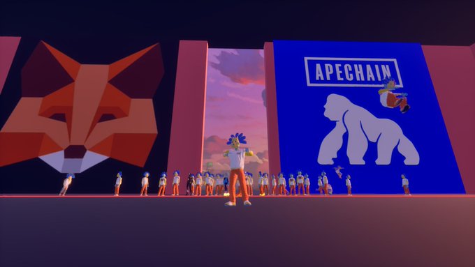 A 3D animated scene shows a crowd of small figures gathered in front of a stage with large screens displaying a geometric fox face logo and a gorilla mascot with the 'APECHAIN' logo.