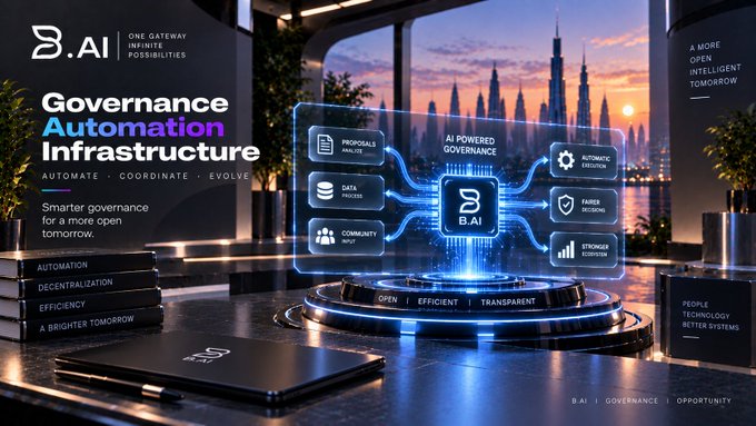 A digital infographic for 'B.AI' titled 'Governance Automation Infrastructure' depicting an AI system with connected modules.
