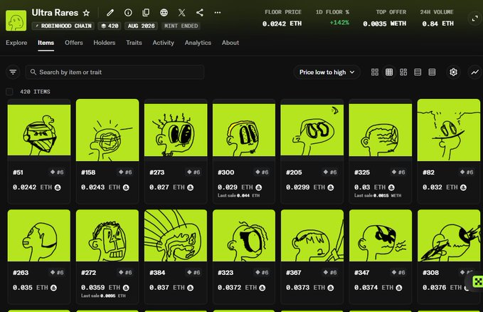 A screenshot of the 'Ultra Rares' NFT collection by robtinhood on the Chain network, showing a grid of 420 green-themed character artwork items with their respective prices in ETH.