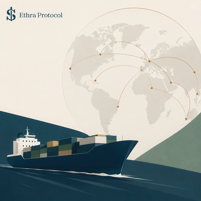 An illustration featuring the Ethra Protocol logo above a container ship sailing across an ocean, with a globe backdrop showing international shipping routes connecting continents, visually representing EthraHarbor's funding of EthraShip's global maritime commerce through yield-generating stablecoin deposits.