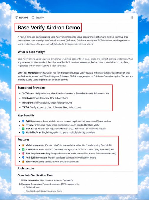 The image contains an advertisement or description of a new Base Verify Airdrop Demo app being released on GitHub. The main text of the image explains that this new app has been live for one hour and is creating serious discussions across various social media platforms, such as Twitter, Instagram, and Facebook. Additionally, it emphasizes that users should pay attention to the details and instructions provided in order to utilize the app effectively or make any adjustments if needed.