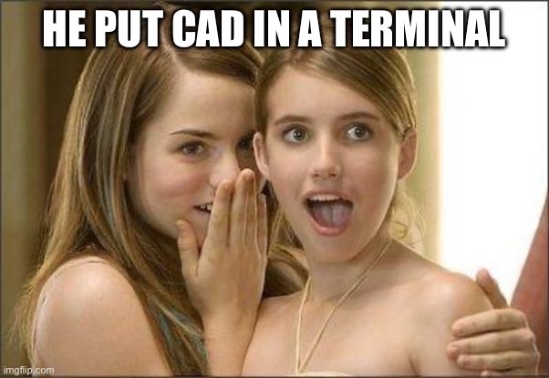 The image is a "Two Girl One Cup" reaction meme featuring two young women whispering and looking shocked, with the top text reading "HE PUT CAD IN A TERMINAL." It humorously conveys the amazement from the post about someone running Computer-Aided Design (CAD) software inside a terminal, wrapping Fusion 360's SDK with a server, and streaming 3D model state to a browser to win an OpenAI hackathon.