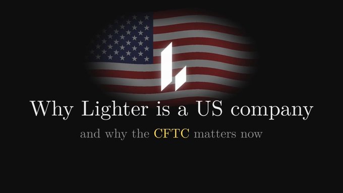 A dark graphic with a US flag background featuring the Lighter logo and the text "Why Lighter is a US company and why the CFTC matters now."