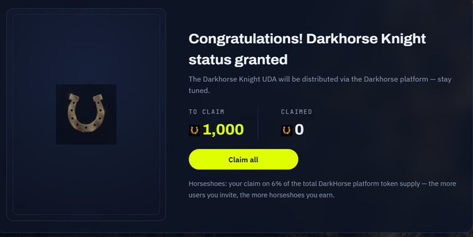 A dark-themed interface celebrating a granted DarkHorse Knight tier, displaying a horseshoe icon, 1,000 tokens to claim, and a bright yellow 'Claim all' button.